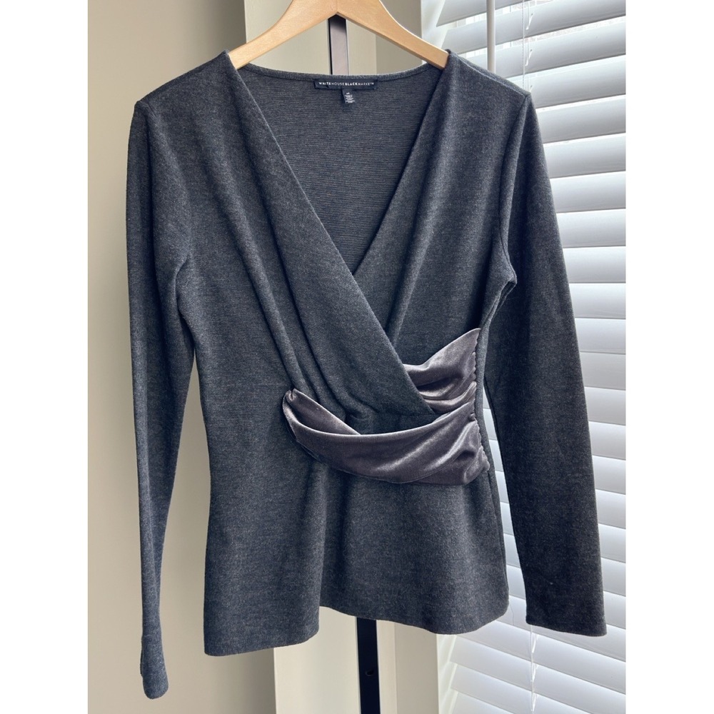 White House Black‎ Market Gray Wrap Top w/ Velvet Detail Size M